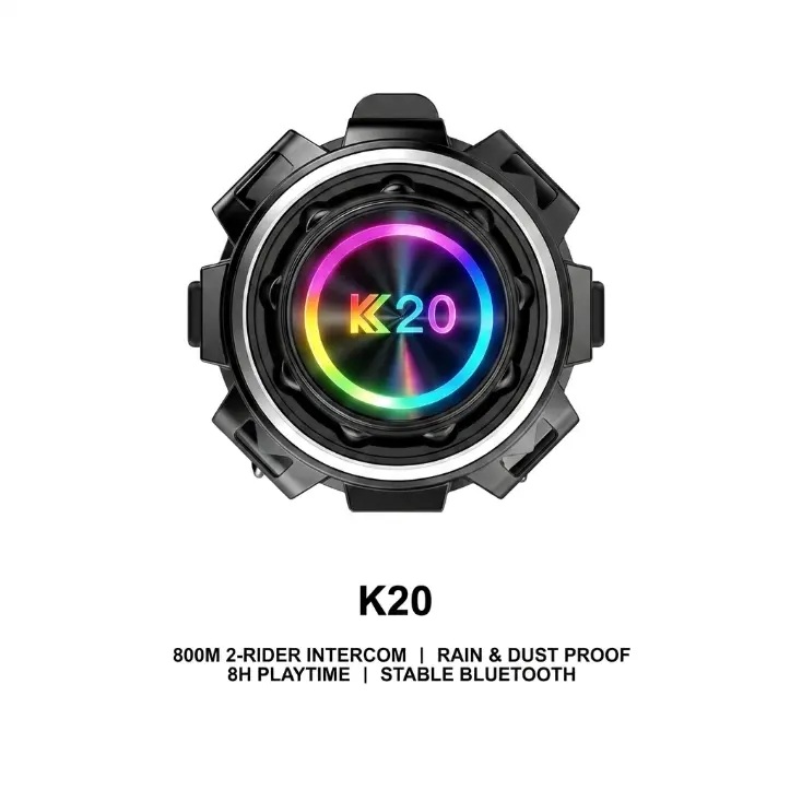 K20 Motorcycle Bluetooth Intercom Headset, Bluetooth 6.0, 800M Range 2-Rider Intercom, HiFi Stereo Music Sharing, 600mAh 8H Playtime, IP65 Rated Waterproof, Glove-Friendly Knob, RGB Lights, High-Speed Distinct Voice, Fits Full & Half Helmets