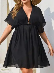 Plus Size Black Solid Color Beach Cover Up Lightweight Basic Summer Casual Style Deep V Neck Short Sleeve Knitted Fabric