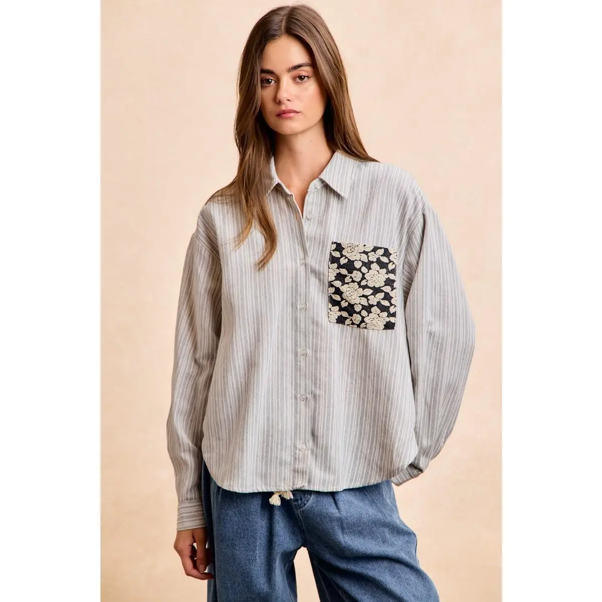 BiBi Flower Jacquard Knit Patch Pocket Stripe Shirt
