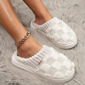 Checkered Fluffy Warm Home Slippers, Plush Slippers For Women,Winter Closed Toe Soft Sole House Shoes, Cozy Bedroom Plush Slippers Cotton Footwear