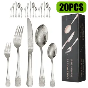 20/30pcs Patterned Cutlery Set - Including Knife, Middle Fork, Middle Spoon, Tea Spoon, And Tea Fork - Hand Carved Patterns, Gorgeous Palace Style Suitable for Gift Giving, Family Gatherings, Or Restaurant Use, Premium Silver