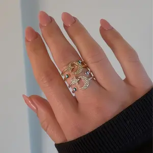 Celestial Evil Eye Moon & Star Open Ring - Gold/Silver, Adjustable, Elegant Design for Any Occasion