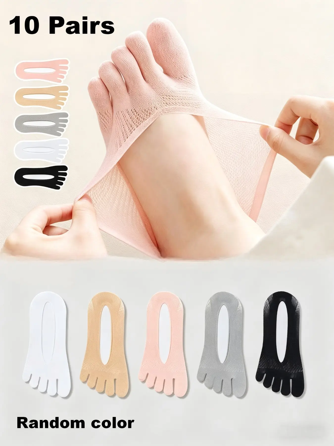 10 Pairs Women's Toe Separated Five-Finger Invisible Crew Socks, Summer Ultra-Thin Lightweight Breathable, Non-Slip Low-Cut Five-Finger Socks Womenswear, Breathable Plain Socks
