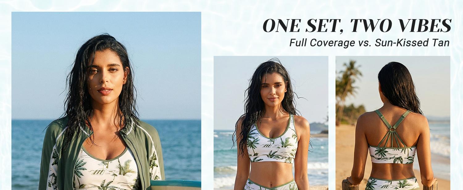 Daci Women Three Piece Rash Guard - Long Sleeve Zip Up Swim Shirt with Sports Bra and Shorts UPF 50+ Modest Swimuits