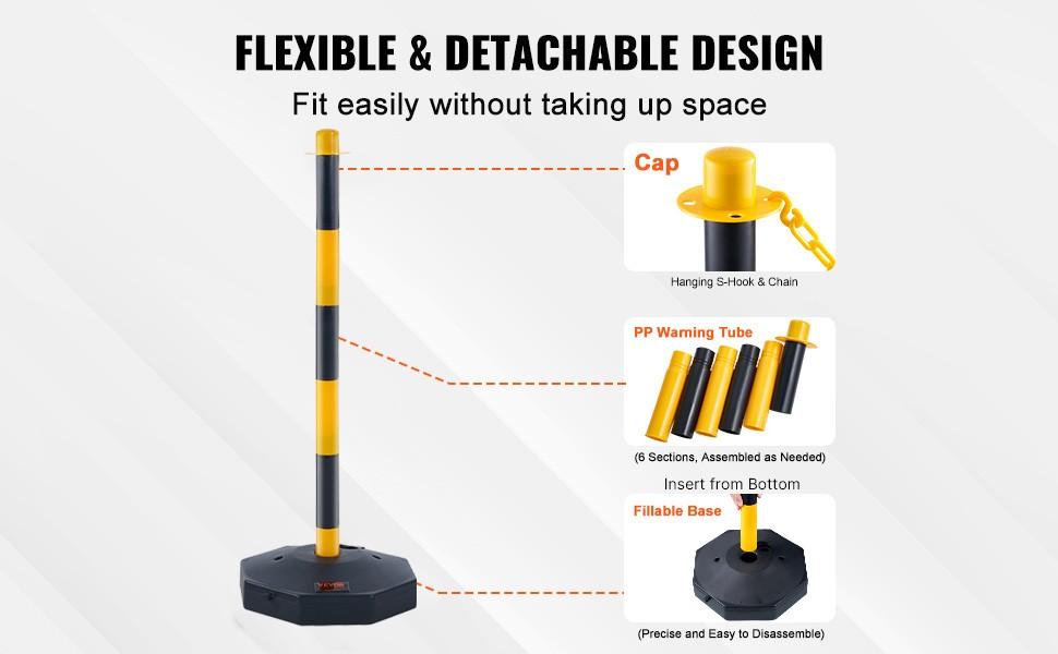 Adjustable Traffic Delineator Post Cones Set, 6 Pack, High-Visibility Safety Barrier With Fillable Base And 8-Foot Chain, Ideal For Traffic Control, Parking Lot, Construction Zone, Road Warning And Delineation, Yellow And Black