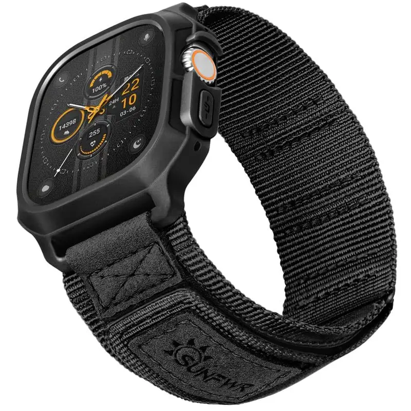 Sunfwr Rugged Nylon Smartwatch Band with Protective Case, Compatible with Apple Watch 42mm 44mm 45mm 49mm, Durable Velcro Strap Wristband for iWatch