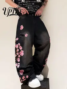 UP.THE Men's Classic Plum Blossom Embroidered Wide Leg Jeans, Distressed Raw Hem, Casual Vibe Y2K Streetwear Skate Baggy Loose-Fit Menswear Jeans Pants Denim