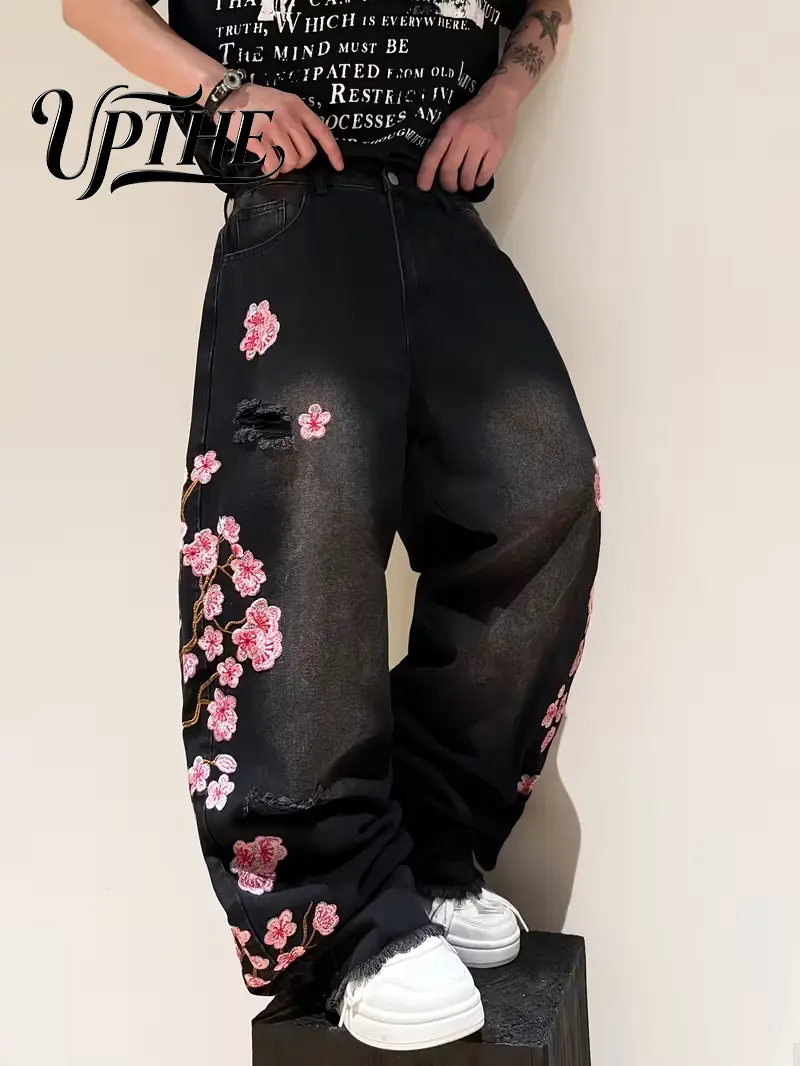 UP.THE Men's Classic Plum Blossom Embroidered Wide Leg Jeans, Distressed Raw Hem, Casual Vibe Y2K Streetwear Skate Baggy Loose-Fit Menswear Jeans Pants Denim
