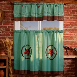 Cowboy Kitchen 3-Piece Curtain Set | Texas Star Printed Cafe Valance with Western Motif, Rustic Farmhouse Window Treatment for Dining Area