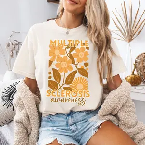 Multiple Sclerosis Awareness Shirt, Boho Flower MS Oversized T-Shirt, RRMS Floral Graphic Tee, Orange Ribbon Warrior Tee W
