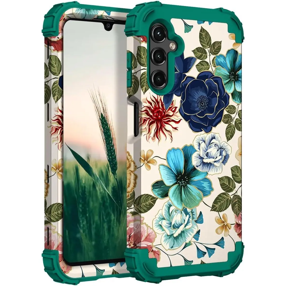 SQ-PCS049 for Galaxy A15 5G Case, Heavy Duty Shockproof Protection Soft Silicone Rubber Bumper+Hard Plastic Hybrid Protective Case for Samsung Galaxy A15 5G (6.5") 2024 - Teal Flowers Cover Protector