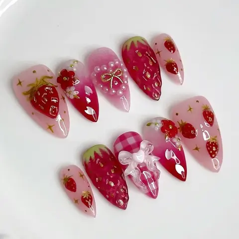 Almond Nail Autumn Winter Strawberry Pearl Rhinestone Heart Flower Drop Nails, 3D Bow Press-On False Nails for Women Wedding Nails, Rhinestone Bow Decorated Pressed On Nails, Decorative Nails