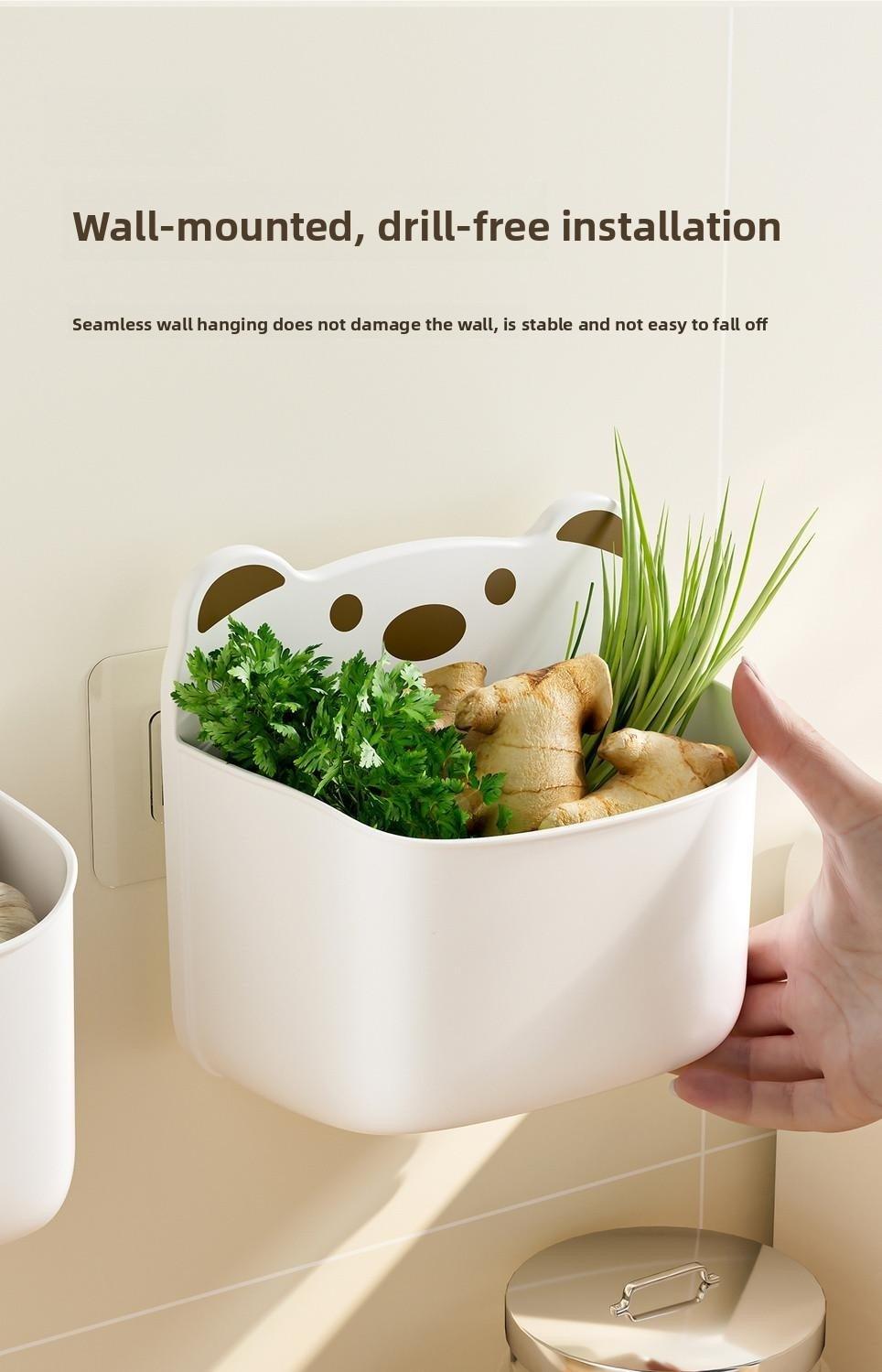 Cartoon wall storage box, ginger, garlic storage wall hanging storage box, storage basket, multi-functional kitchen wall storage rack, no-drilling adhesive hooks