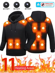 Smart Heating Hoodie with 11 Heating Zones, Quick USB Charging, Adjustable Temperature, Casual Solid Color, Long Sleeve, Polyester, Regular Fit, Hooded Sweatshirt for Men - Fashionable Practical Design (Batteries Not Included)