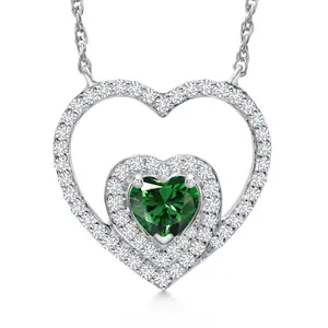Gem Stone King 10K White Gold Green Nano Emerald and White Lab Grown Diamond Double Pendant Necklace For Women (0.71 Cttw, 4MM Heart Shape, with 18 Inch Chain)
