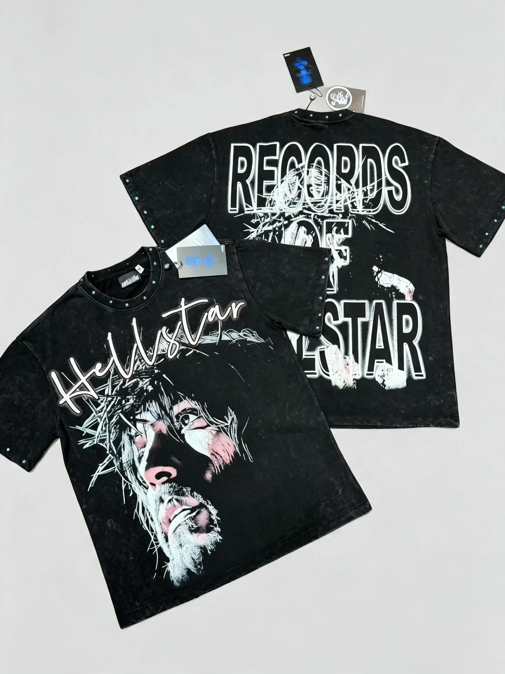 Y2K HELLSTAR Certified Authentic Crown Of Thorns Graphic Tee Blue Rhinestone Washed Black Standard Fit Shirt
