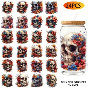 UV DTF Transfer Stickers - 24Pcs/Set Wildflower Skull Flower Theme UV DTF 16OZ DIY Transfer Stickers For 16 Oz Water Bottle Glass Jar Laptop Home Decor DIY High Viscosity Transfer Paper Premium Skull Stickers High Adhesive Stickers