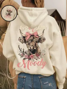 Women's Casual Hooded Sweatshirt with Cute Cartoon Cow Print, Bow, Loose-Fitting, Fall & Winter Wear, Comfortable and Stylish, Casual Sweatshirt Hoodie