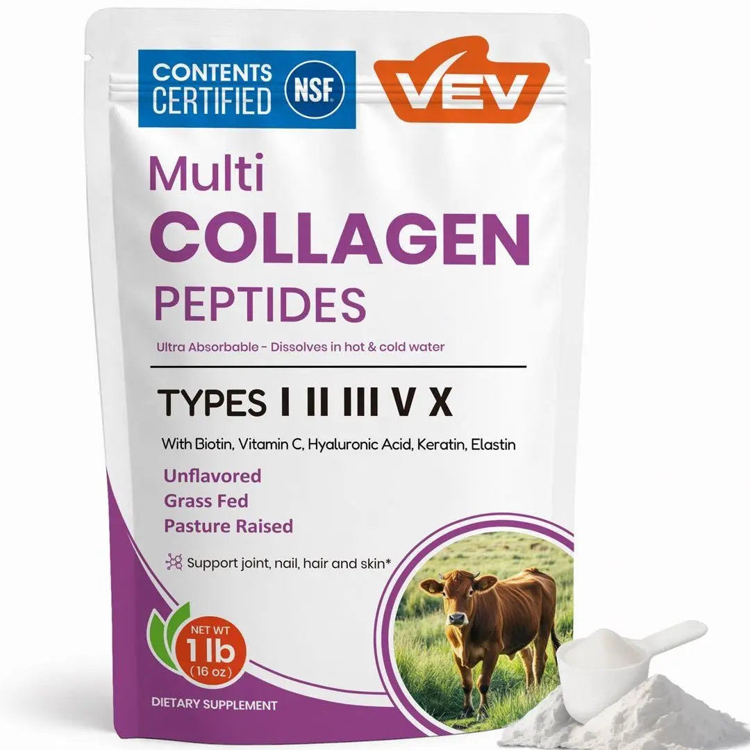 VEV Multi Collagen Peptides Powder – Type I, II, III, V, X, Hydrolyzed Collagen, Hyaluronic Acid Power, Biotin, Vitamin C, 16 oz (41 Servings), Supports Skin, 1 Pound, NSF Certified