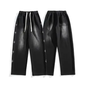Embroidered straight wide-leg casual pants men's retro street loose drape versatile trousers outdoor fashion Black Embroidery