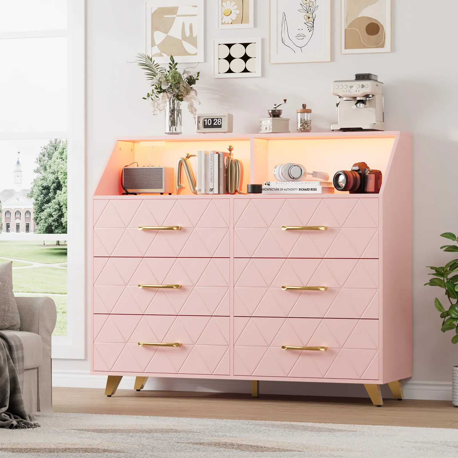 Modern 6 Drawer Dresser with Charging Station & LED Lights , 6 Drawer Chest of Drawers with Open Shelves, Modern Dresser for Bedroom, Living Room, Entryway, Kids Room, Gold Handles, Anti-Tipping Design