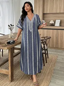Plus Size Women's Casual Stripe Print Dress, A-Line Batwing Sleeves, V-Neck Design, Comfortable Fit, Perfect for Vacation, Home, Daily Wear