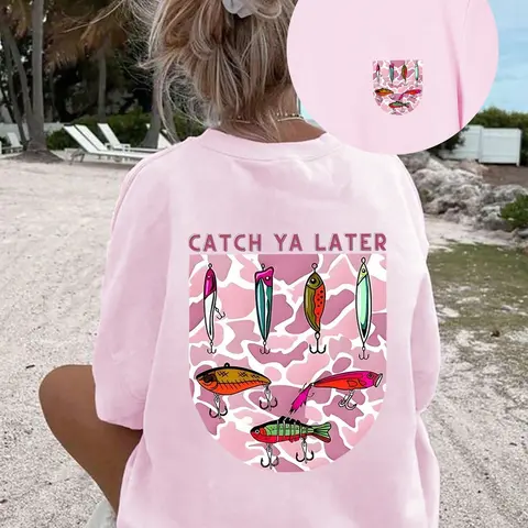 Women's T - Shirt, Round Neck Short Sleeve, Fish Hook Pattern, Casual Comfortable Fashion, Outdoor Travel Beach Vacation, Graphic Tropical Tee