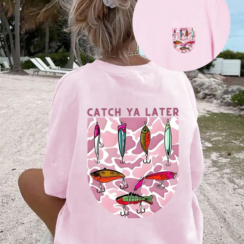 Women's T - Shirt, Round Neck Short Sleeve, Fish Hook Pattern, Casual Comfortable Fashion, Outdoor Travel Beach Vacation, Graphic Tropical Tee
