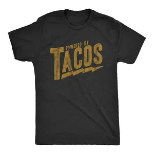 Mens Powered by Tacos Graphic Tee Vintage Wash Funny Food Lover Short Sleeve Crewneck Streetwear Casual Summer Shirt for Taco Tuesday Fiesta