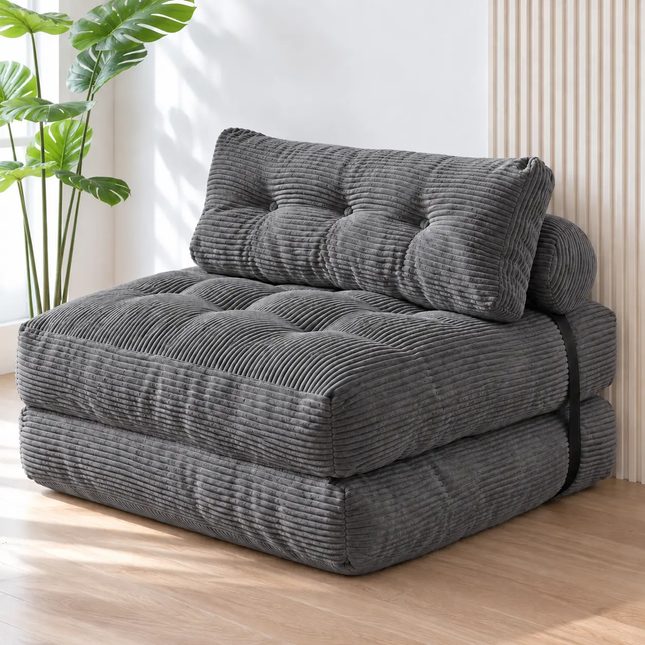 Orienflex Modern Boneless Corduroy Pre-Assembled Armless Foldable Sofa Bed with Pillow - Compact Fold Convertible Back-Support Sleeper Chair, Anti-Scratch Portable Single Sectional Couch, Living Room Furniture