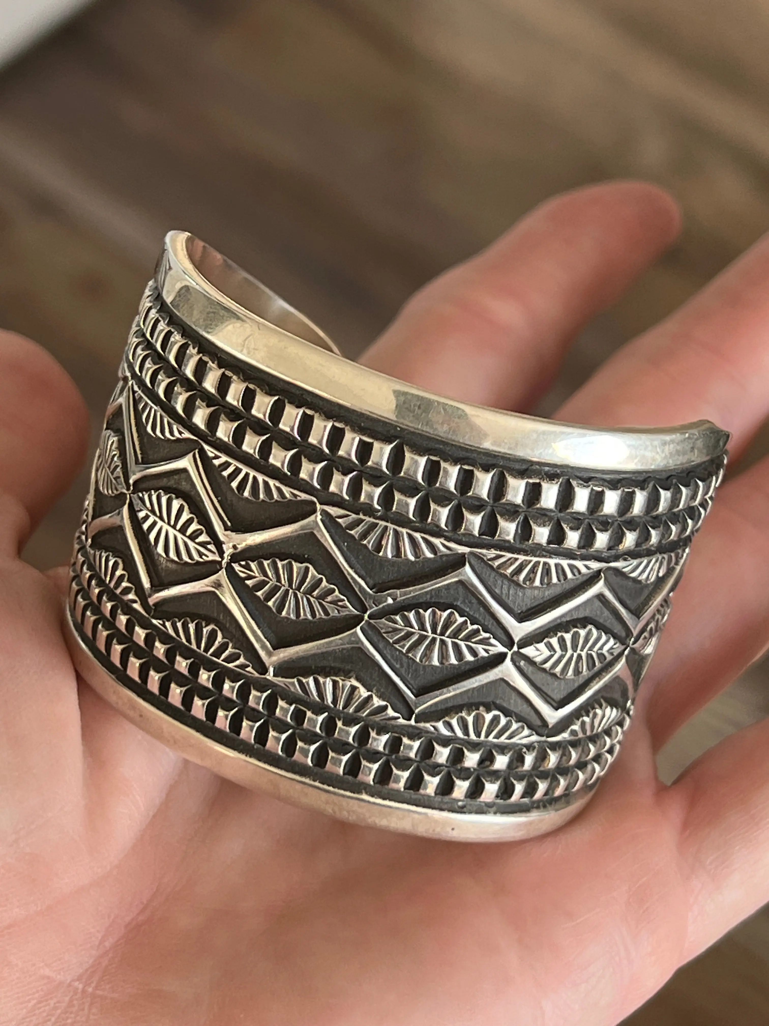 Handcrafted Old Pawn Sterling Silver Deep Stamped Cuff Bracelet by Elvira Bill