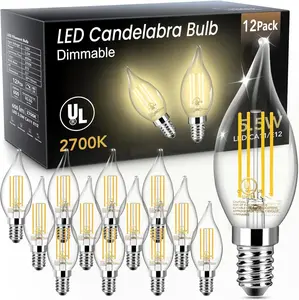 LED Candelabra Bulb Dimmable, 60W Equivalent LED Chandelier Light Bulbs, 5.5W 2700K Warm White 600LM CA11 Flame Tip Vintage Filament Candle Light with Decorative E12 Candelabra Base, 12 Pack