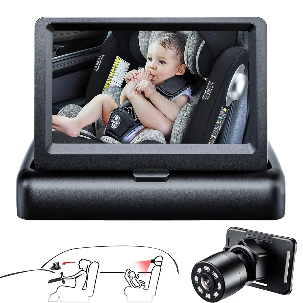 4.3'' HD Night Vision Car Rear Seat Headrest Mount Monitor, Stable Camera Display with Power Cord for Parents’ Easy Driving Passenger Observation