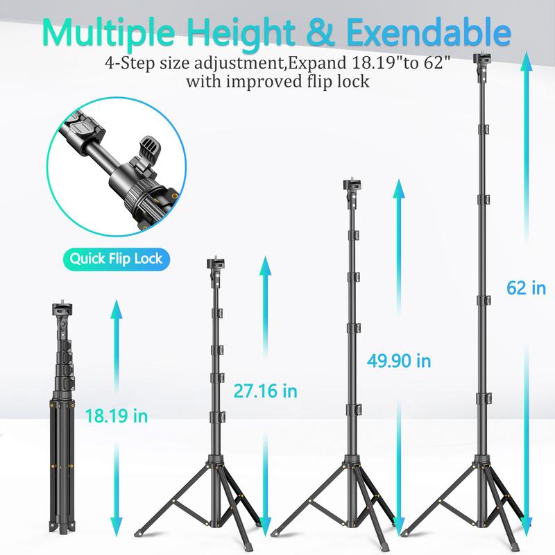62'' Extendable Phone Tripod & Selfie Stick with Wireless Remote, Universal Holder for iPhone, Android & Cameras