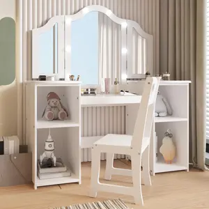 【GARVEE】2-in-1 Toddler Vanity Table & Chair Set with Touch Light Detachable Tri-Folding Mirror, Storage Cabinet, and Lights - Wooden Vanity Dress Table for Girls