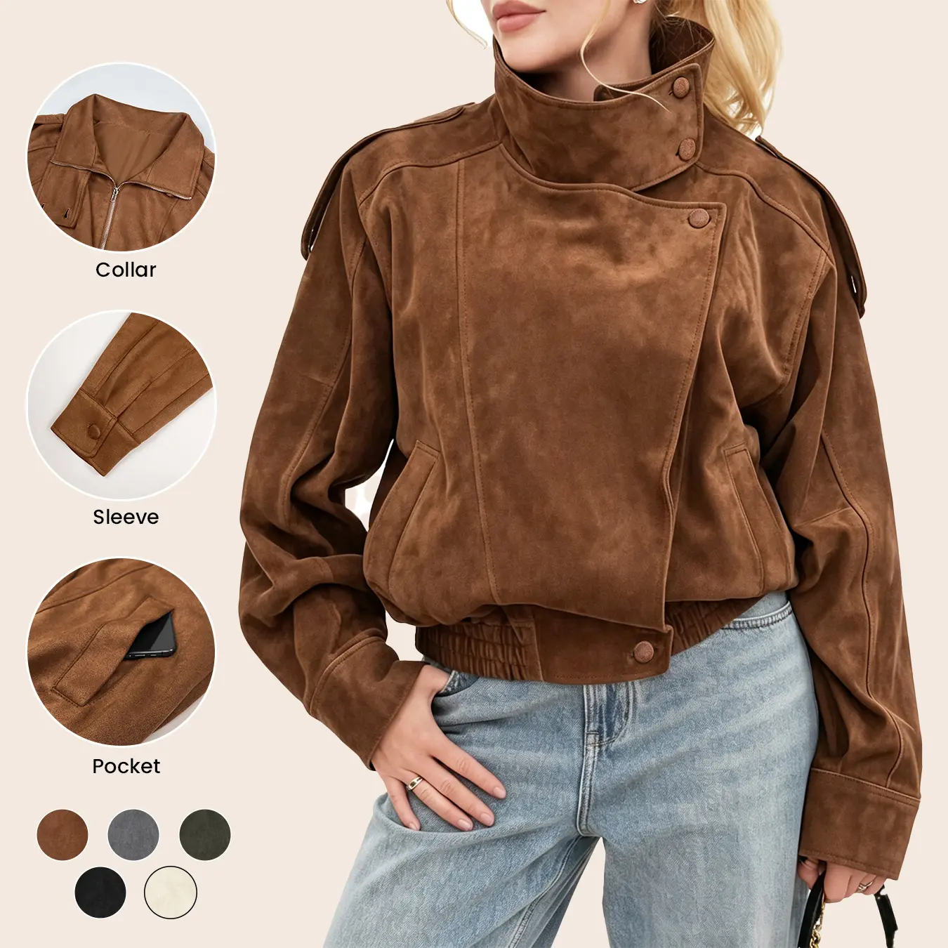 Aswulk Women’s Oversized Suede Bomber Jacket, Stand Collar Zip-Up Moto Jacket, Casual Long Sleeve Fall Winter Coat, Relaxed Fit Trendy Outerwear
