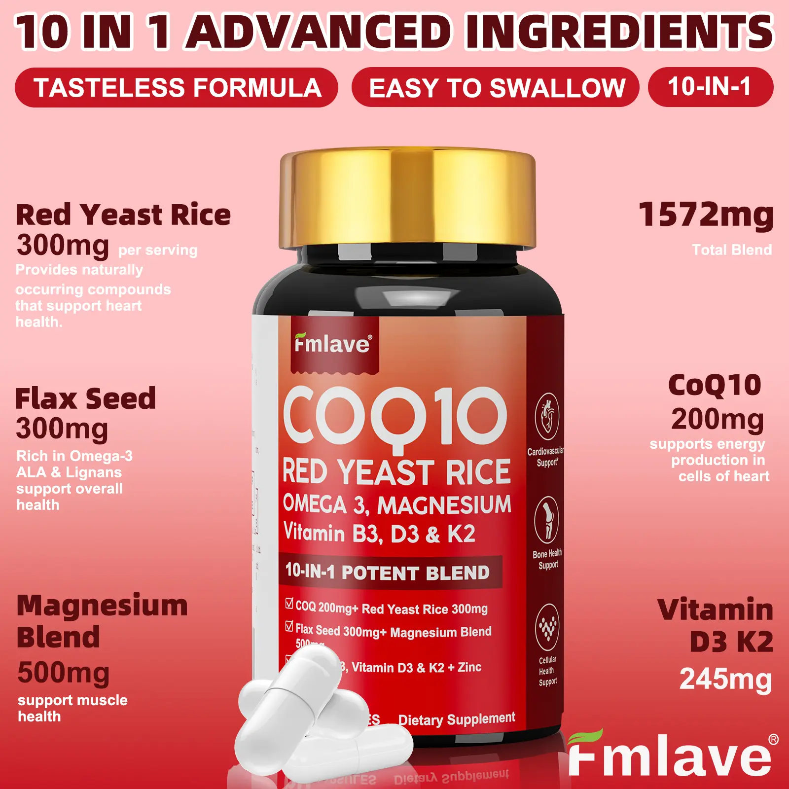 Fmlave COQ10 | With  200mg CoQ10 & 300mg Red Yeast Rice | Supports Heart & Vascular Health, Relieves Muscle Discomfort, Boosts Energy & Vitality | Ideal for Fitness Enthusiasts, Overtime Workers, Seniors | 60 Capsules, Easy-to-Absorb