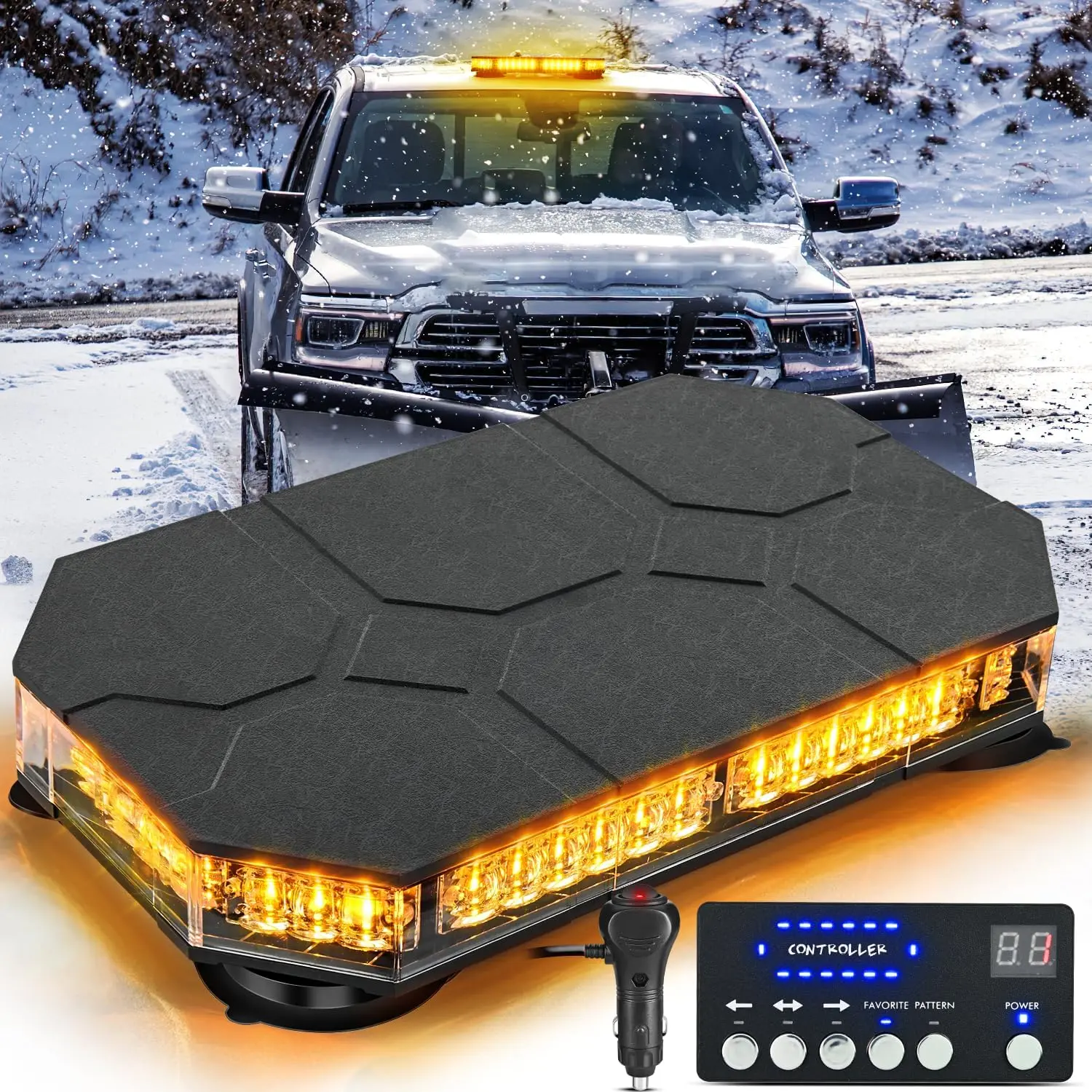 Nilight 42-LED Roof Top Strobe Light Kit, 12V-24V Automotive Module with 10A Fuse Safety Protection, Control Panel, Magnetic Mount, LED Display, 21 Flash Modes, Longer Cable, Real-Time View for Trucks, Construction Vehicles, 10A Fuse For Safety Protection
