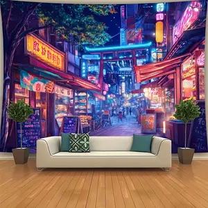 Tokyo Neon Street Food Tapestry - Vibrant Japanese Night Scene Wall Hanging for Living Room, Bedroom, Parties & Photo Backdrops - Durable Polyester Fabric, No Electricity Needed, All-Season Home Decor, Japanese Home Decor, Party Backdrop, Highquality Prin