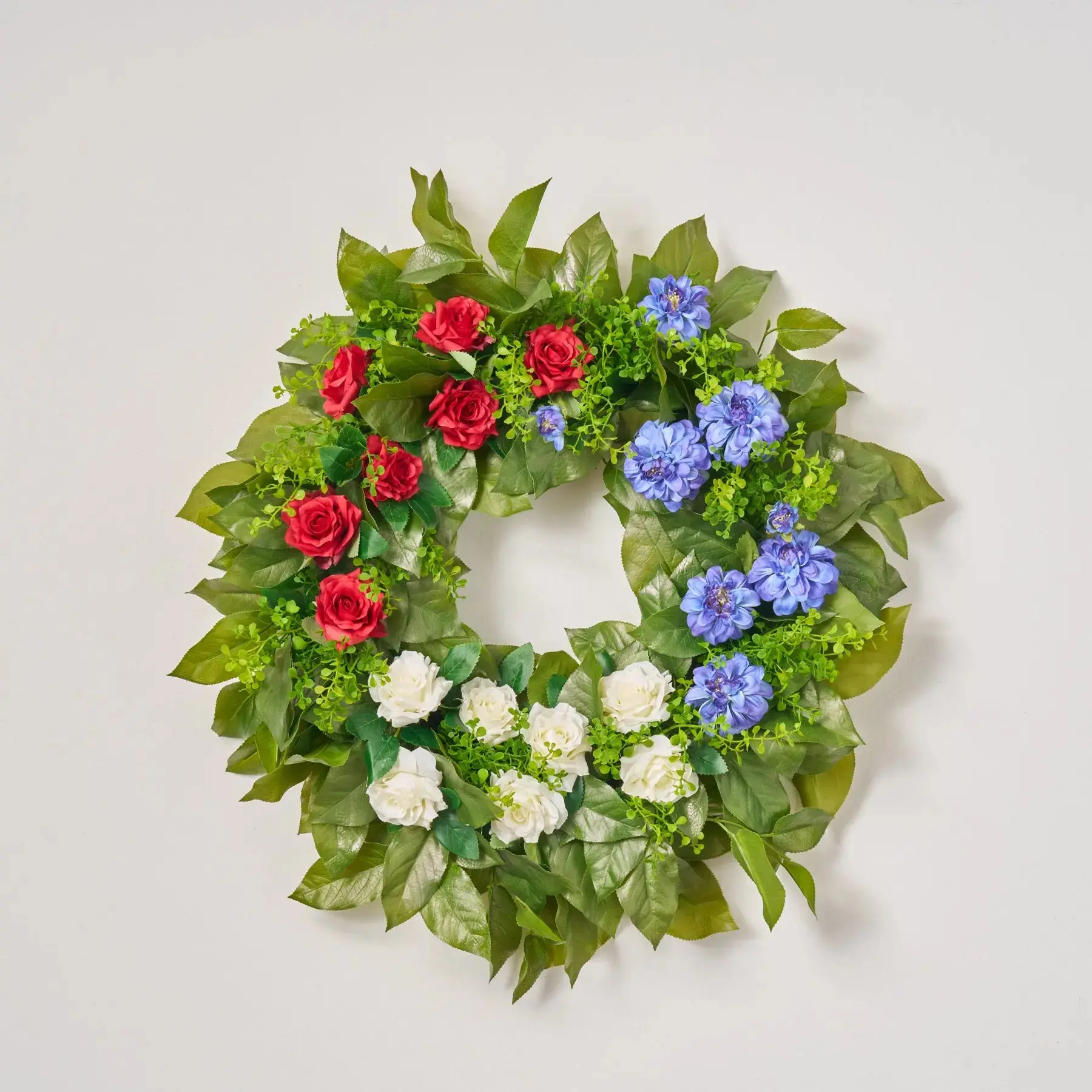 American Beauty Blooms - Red, White & Blue Mini Rose and Dahlia with Real Touch Salal Leaf Front Door Wreath