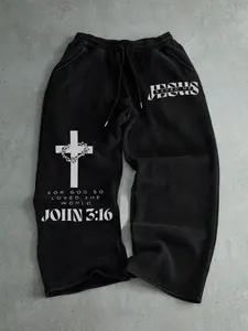Men's Casual Sporty Long Pants, Jesus Cross Pattern Print, Drawstring Wide Leg, Loose-Fitting, All Seasons Wear, Men's Fashion, Letter Print Sweatpants