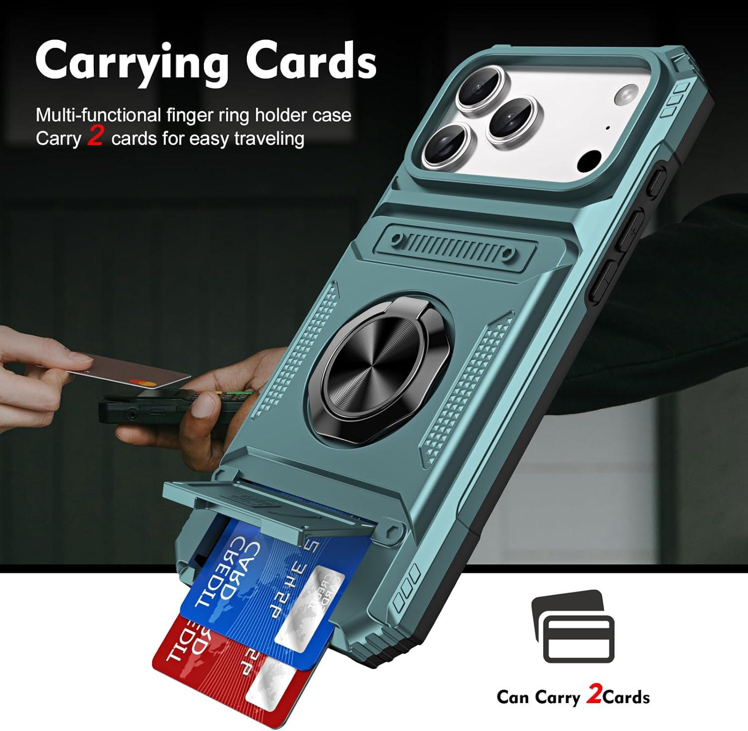 Trendy Heavy Duty Wallet Case for iPhone 11-17 Pro/Pro Max/Plus/Air | Card Holder, 360° Ring Kickstand, Shockproof Protective Bumper Cover iPhone Case Perfect Gift for Her/Him