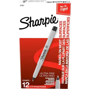 Sharpie Permanent Markers, Ultra Fine Tip, Black, 12 Count - Office Supplies, Quick Drying, Fade Resistant, Ideal for Posters, Drawing, Coloring