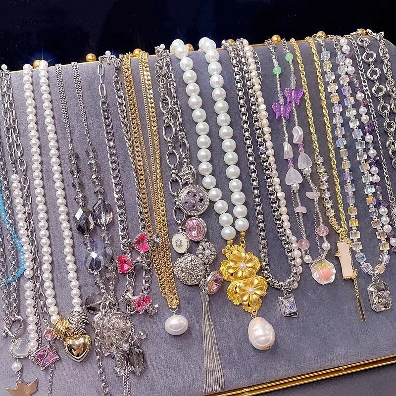 4PCS Random Assorted Necklace Set for Women, Mixed Pearl-Look, Beaded, Chain and Charm Fashion Necklaces, Surprise Jewelry Mix with Butterfly, Heart, Flower and Crystal-Look Details for Layering, Daily Wear and Gifts