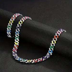 Fashion Men Women Hip Hop Necklace Rainbow Colors Miami  Cuban Link Chain Necklaces Hiphop Jewelry Gift Gold or Silver Tone Your Choice