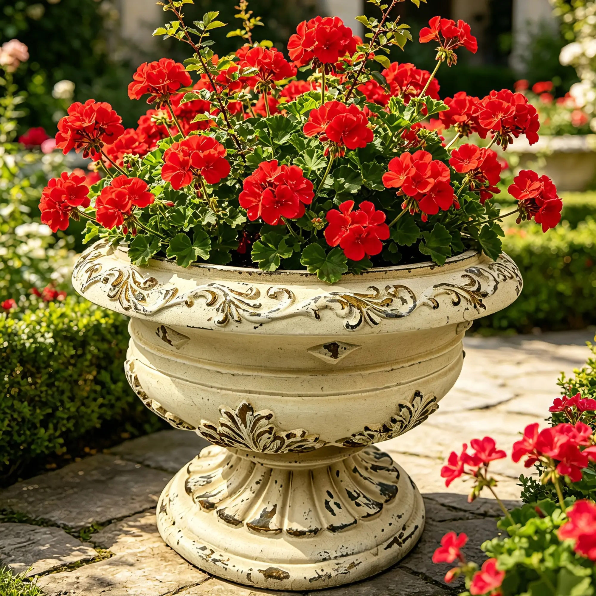 Outdoor Garden Urn Planter, Hand-Painted Antique White MGO, 18.11x18.11x13.18 in, Drainage Hole & Stopper, Ready to Use, Antique Style
