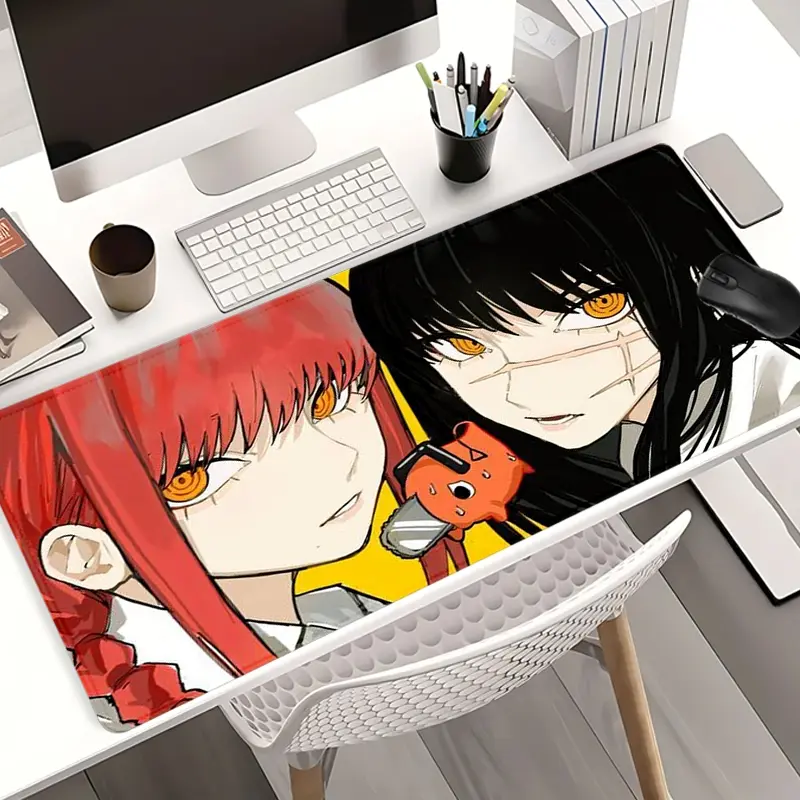 Extra Large Red & Black Anime Mouse Pad with Chainsaw Mascot Gaming Desk Pad 35x16 Inch Computer Keyboard Mousepad with Non-Slip Rubber Base Durable Stitched Edge Perfect Gift for Home and Office Desk Accessories Gaming Desk Accessory