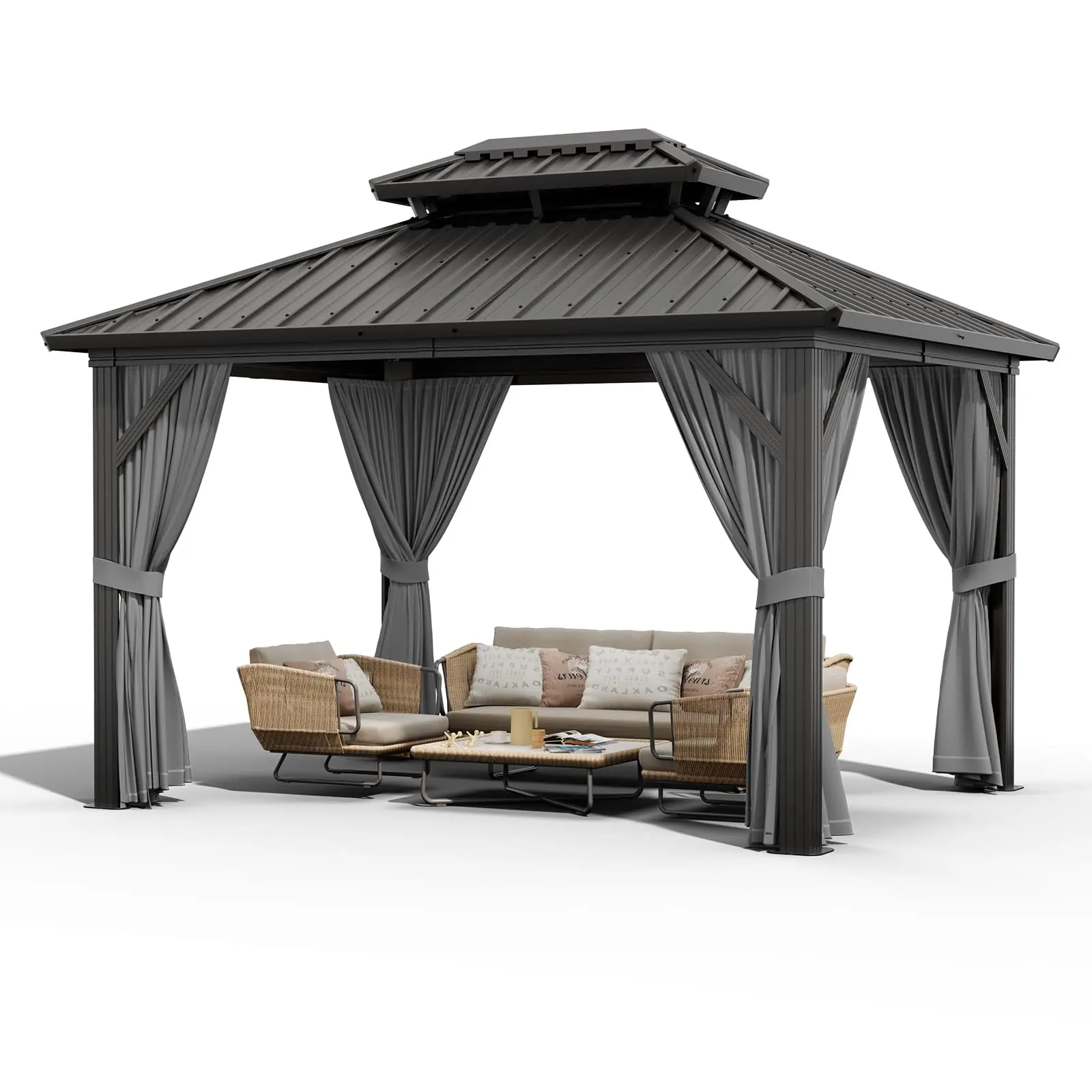 12x10 FT Heavy Duty Hardtop Gazebo - Outdoor Aluminum Double Roof Pavilion with Netting, Curtains, Ground Stakes, Weatherproof Outdoor Patio Shaded Canopy for Backyard, Patio