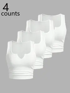 Women's 4-Pack Ribbed Notch Neck Crop Tank Tops, Sleeveless Cami Tops, Fitted Basic Tops, Cropped Sleeveless Top For Summer Casual, Sporty & Active Wear