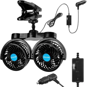 Fan 12V, Dual  4 Inches Clip- 360 Rotatable Cooling Fan for Front/ Seat Passenger, Adjustable Cooler With Stepless Speed Regulation for SUV, RV, VAN, Boat